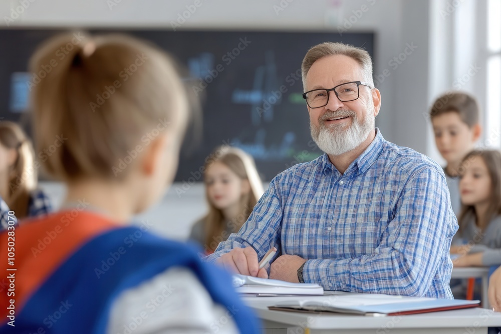 Fototapeta premium A teacher stands at the front of a classroom, smiling while explaining material. Students in the background listen attentively, creating an engaging and focused learning environment highlighted by a b