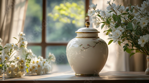 White Urn with Flowers on Bright Table, Peaceful Indoor Memorial