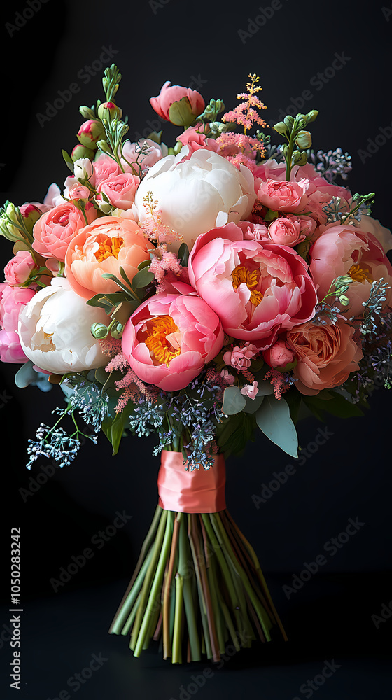 Fototapeta premium A lush display of peony flowers with large, full blooms in soft shades of pink, white, and blush. The delicate petals form layers of rich texture.