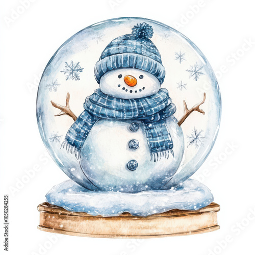 Cute snowman in snow globe with blue scarf and hat