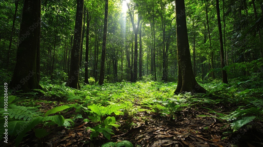 Obraz premium Lush Green Forest with Sunlight Streaming Through Trees