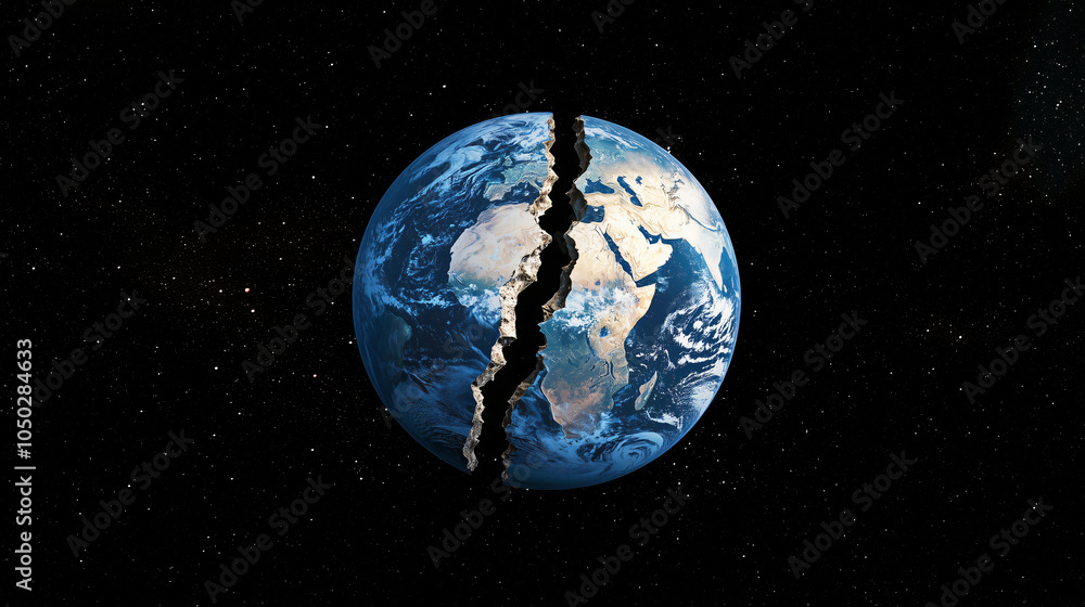 Obraz premium image depicts cracked Earth floating in space, symbolizing dramatic division and evoking sense of urgency about global issues