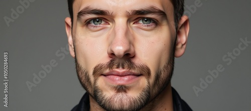 Close-up portrait of Caucasian bearded gay man wearing red lipstick with metrosexual aesthetic in a horizontal composition against an LGBTQ background photo