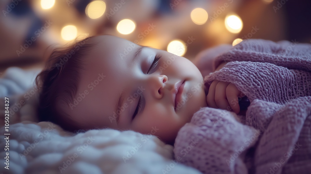 A newborn baby is sleeping peacefully, swaddled in a purple blanket. A newborn baby is sleeping peacefully, swaddled in a purple blanket.