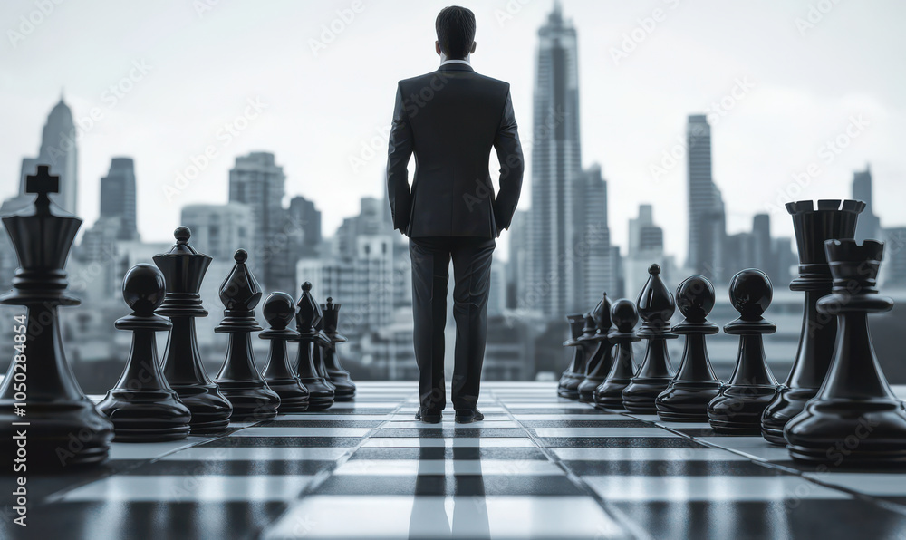 businessman stands on chessboard overlooking city skyline, looking towards future with determination