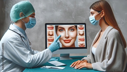 Doctor Showing Nose Job Options to Patient on Computer.