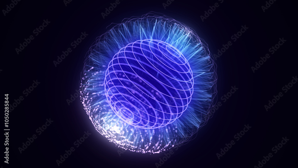 Futuristic sci-fi sphere in space. Technology circle a network connection big data. Digital ai background with particles. Abstract frame ball. 3D wireframe geometric sphere. 3D rendering.