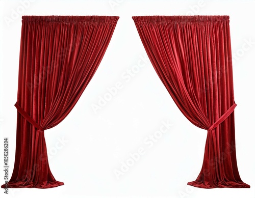 realistic red velvet open curtains isolated on white background