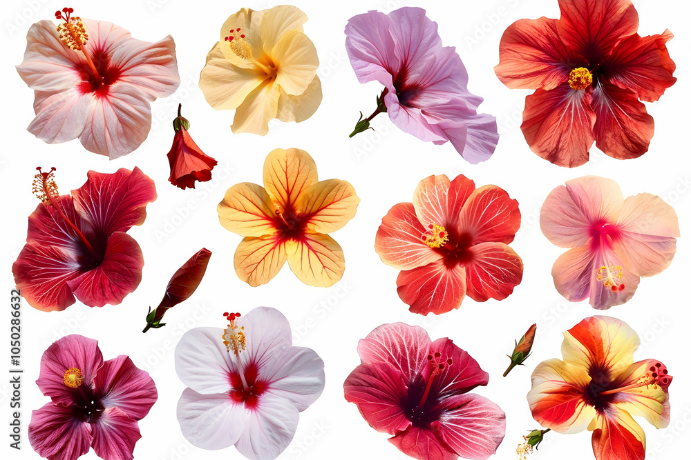 Collection of various colored hibiscus flowers isolated on a white background. Collection of various colored hibiscus flowers isolated on a white background.