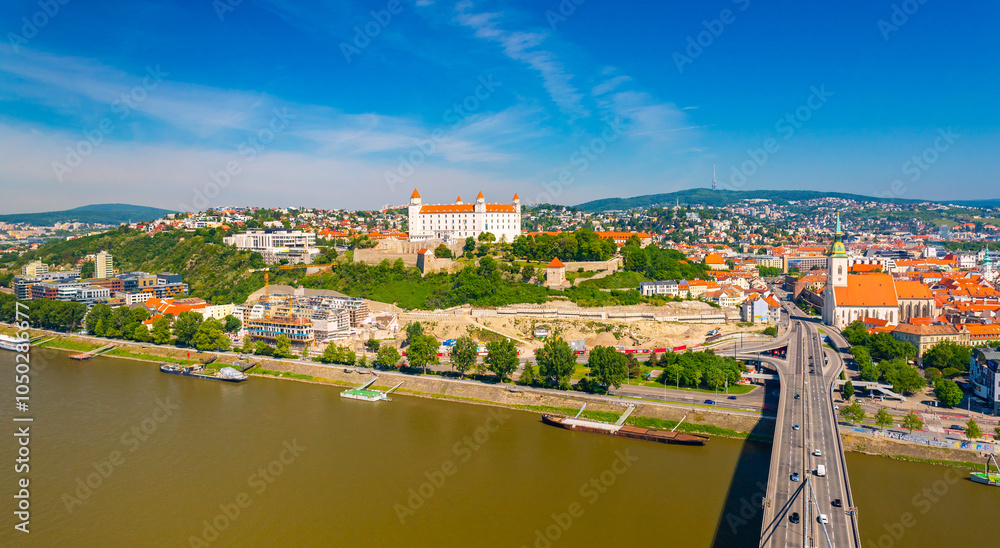 Aerial panorama of Bratislava, Slovakia.View from the SNP Bridge