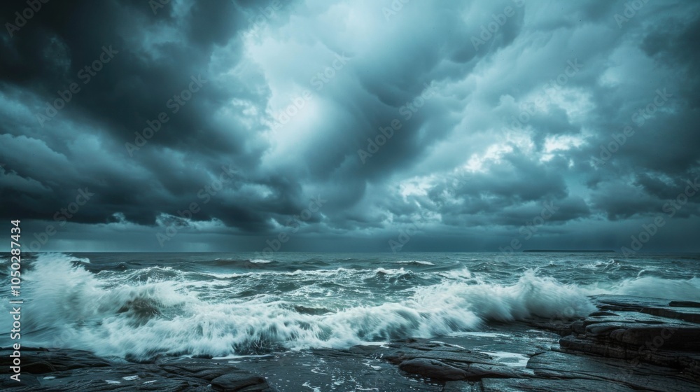 A dramatic thunderstorm over a rugged coastline with crashing waves, Coastal setting with stormy weather, Dramatic style A dramatic thunderstorm over a rugged coastline with crashing waves, Coastal setting with stormy weather, Dramatic style