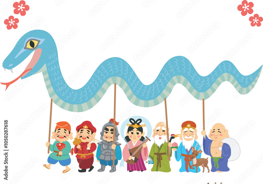 Obraz premium 年賀状素材イラスト 巳年 七福神 梅