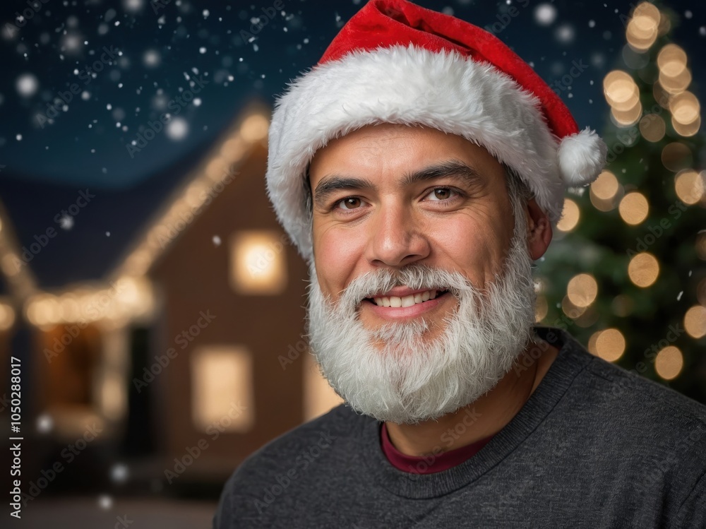 Portrait of a joyful man wearing a Christmas hat, smiling against a festive holiday background, capturing the warmth and spirit of the season. Portrait of a joyful man wearing a Christmas hat, smiling against a festive holiday background, capturing the warmth and spirit of the season.