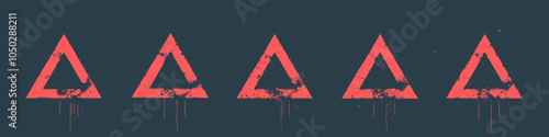 Abstract Hand Drawn Grunge Style Stencil Paint Red Triangles Vector Clip Art Isolate on Black Background. Handdrawn Artistic Grungy Graphic Triangle Signs with Drips Clipart Collection Design Elements