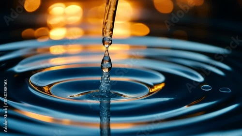 Close-up of water drops creating ripples on a dark blue surface.