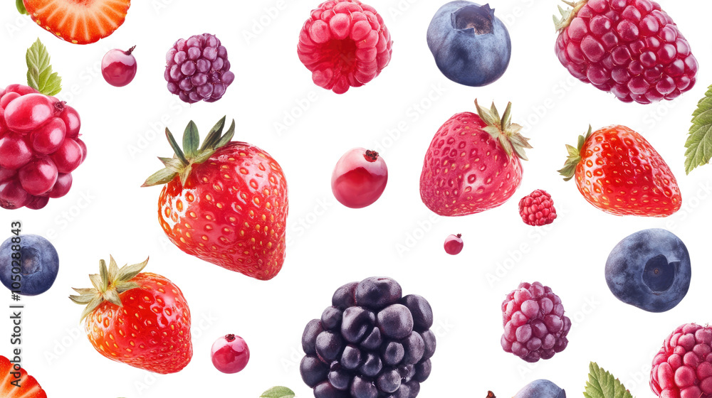 Berries pattern featuring strawberries, raspberries, blueberries, and blackberries on a vibrant background, showcasing fresh and ripe fruits in a delightful summer collection Berries pattern featuring strawberries, raspberries, blueberries, and blackberries on a vibrant background, showcasing fresh and ripe fruits in a delightful summer collection