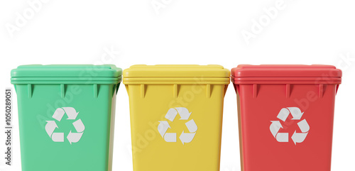 Fotografi Three recycling bins in green, yellow, and red shown in closeup on a white background