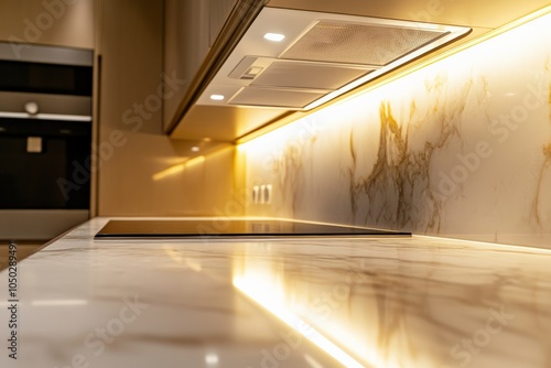 Luxurious and inviting atmosphere in a modern kitchen with warm lighting, marble countertop, integrated induction stove, and illuminated backsplash