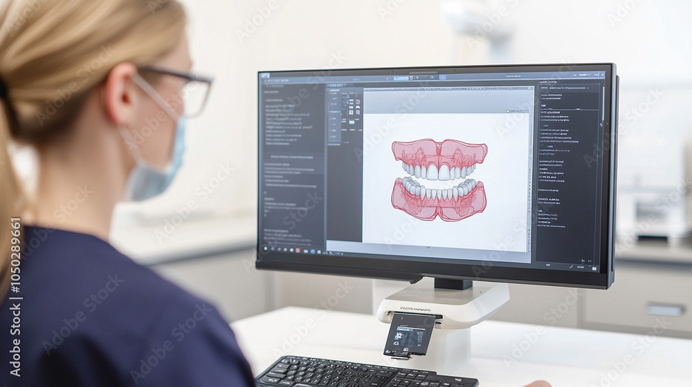 
A dental hygienist holding a digital scanner, capturing detailed images of teeth for a 3D scan on a nearby computer