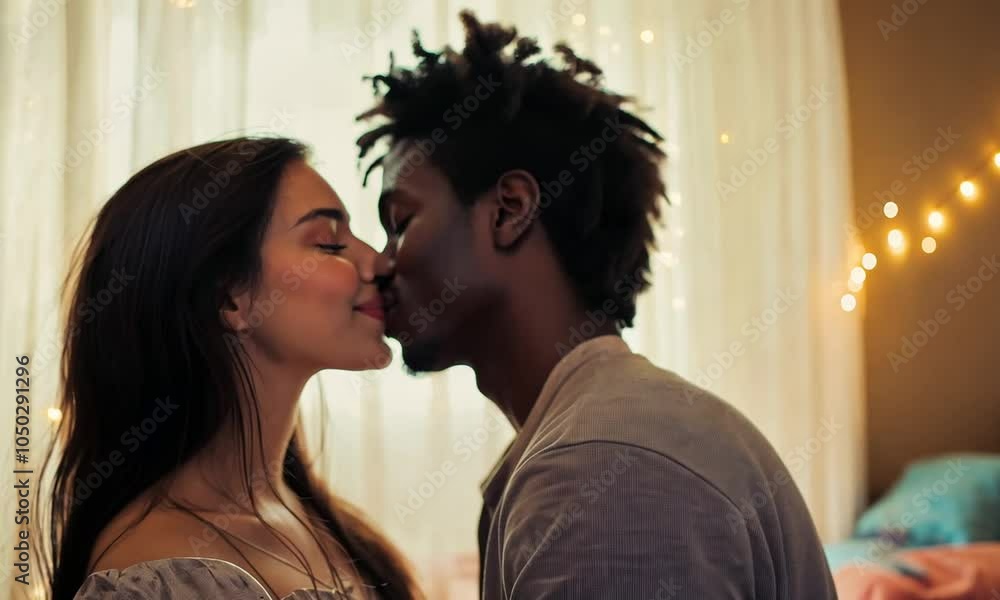 Couple Sharing a Kiss in Bedroom Couple Sharing a Kiss in Bedroom