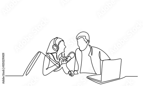 Continuous line drawing of interviewing man and woman on a podcast discussion, talking to guests in the studio.  Concept of podcasting, radio station, interview. Podcast presenters with a microphone t