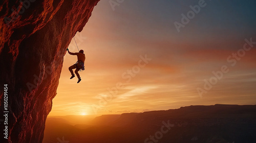 
A climber silhouetted against a fiery sunset, hanging from a cliff edge by one hand, legs dangling over a deep canyon, mountain climbing, extreme survival,