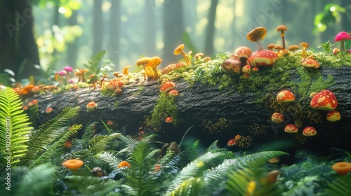 A mystical scene of a moss-covered fallen tree trunk, adorned with colorful mushrooms and surrounded by ferns in a quiet forest photo