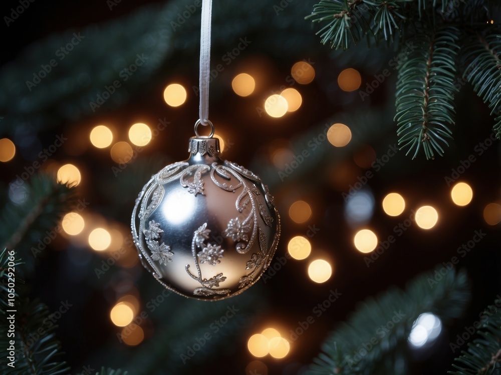 Elegant silver Christmas ornaments reflecting holiday lights on the tree. Elegant silver Christmas ornaments reflecting holiday lights on the tree.