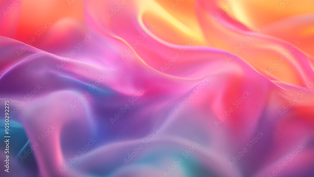 Fototapeta premium Soft fog rolling over a surface of blurred, flowing silk fabric illuminated by colorful lights