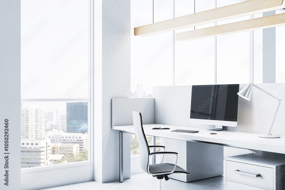 Modern office desk with computer and chair near a large window in a cityscape background. 3D Rendering Modern office desk with computer and chair near a large window in a cityscape background. 3D Rendering