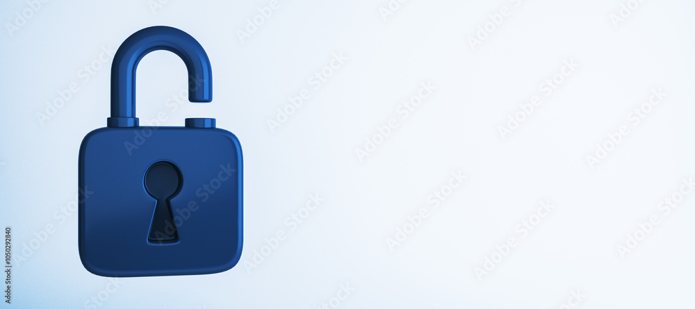 Blue open padlock on light background, security concept. 3D Rendering Blue open padlock on light background, security concept. 3D Rendering