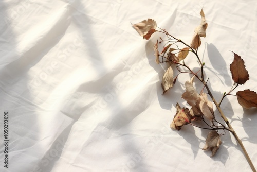 Vertical mockup of textured white paper with exotic plant shadows on soft gray table background