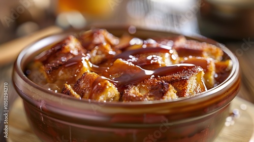 A bowl of warm fast food vegan bread pudding 