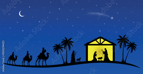 Christmas Nativity scene background. Three wise men arrive at the stable. Vector illustration.