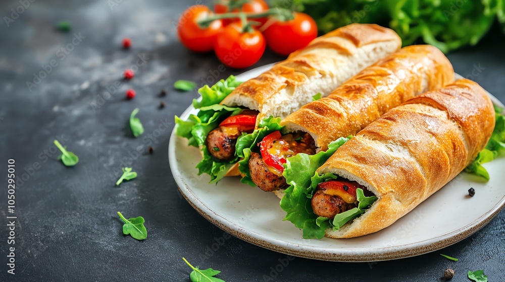 Sausage rolls with salad and cherry tomatoes on a plate. Sausage rolls with salad and cherry tomatoes on a plate.