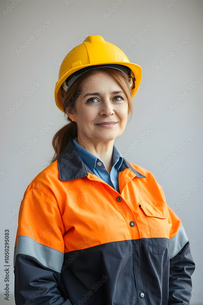 Smiling female construction worker wearing a yellow hard hat and safety vest. Smiling female construction worker wearing a yellow hard hat and safety vest.