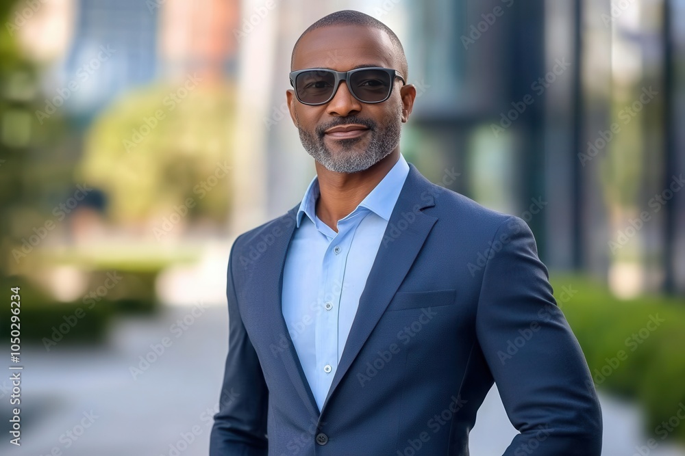 A 40 year old African man stands confidently in a stylish suit, wearing cool shades. He exudes professionalism and poise, positioned against the backdrop of a contemporary business center.