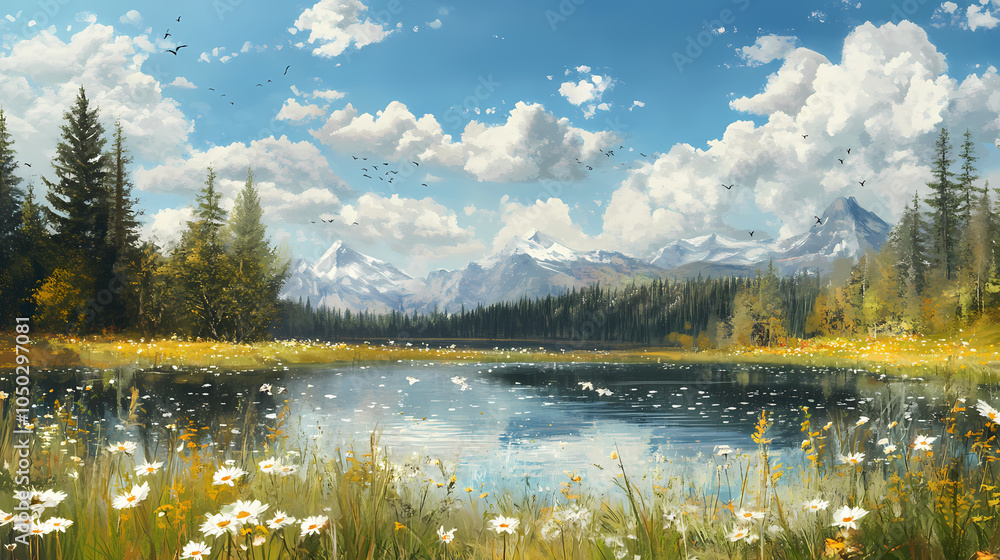 Fototapeta premium Serene Meadow Landscape with Lake and Pines: Lofi Anime Art