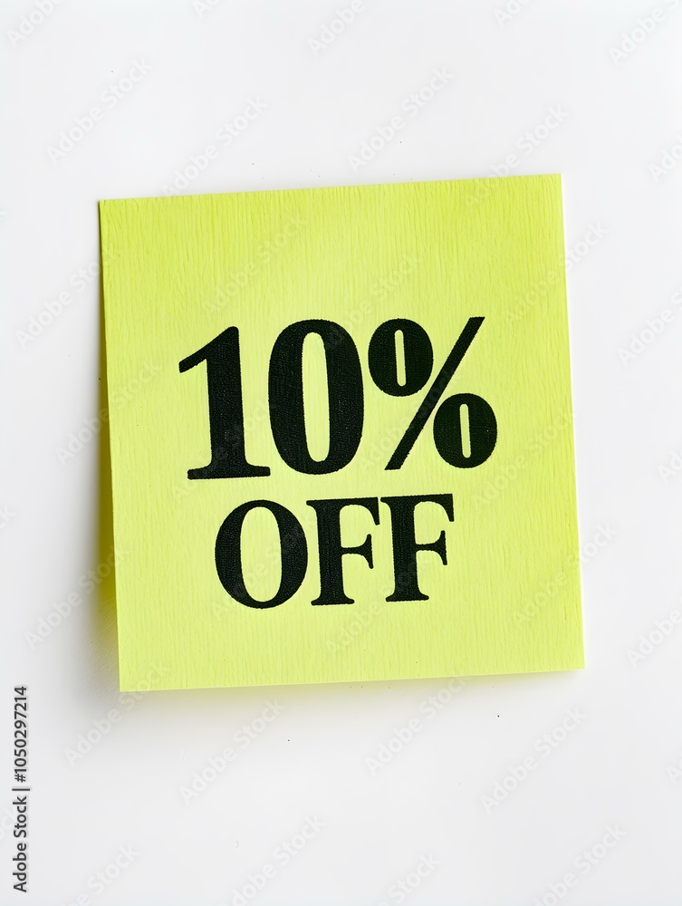 Black '10% OFF' Text on a Light Green Square Paper Note. White Background Black '10% OFF' Text on a Light Green Square Paper Note. White Background