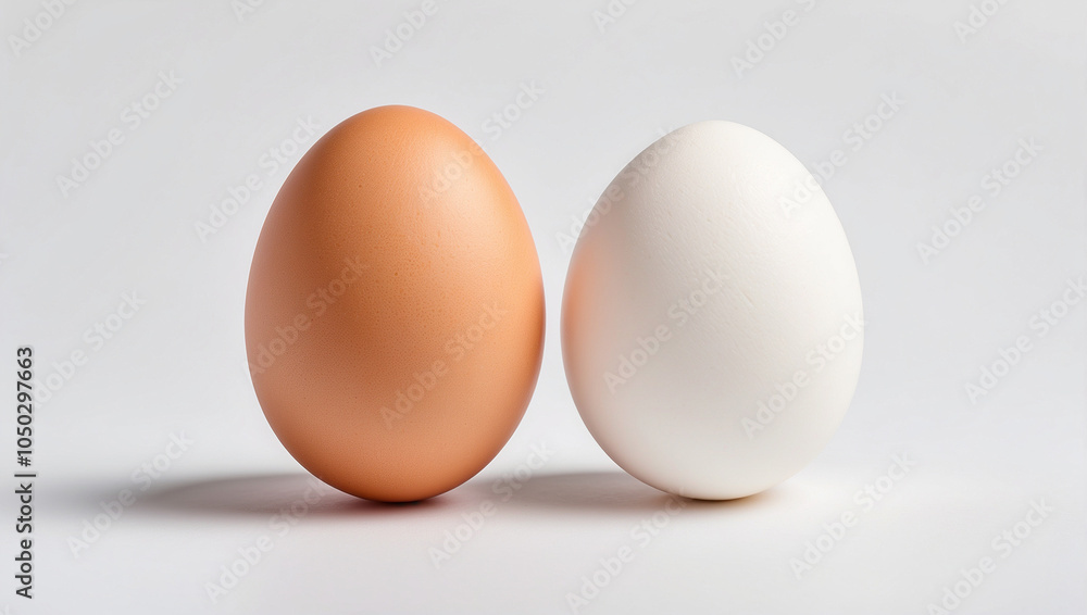 A brown and white egg side by side on a white background. A brown and white egg side by side on a white background.