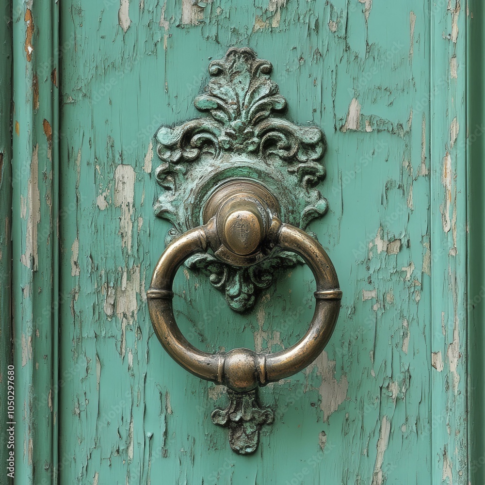 Ornate Door Knocker on a Weathered Green Door Ornate Door Knocker on a Weathered Green Door