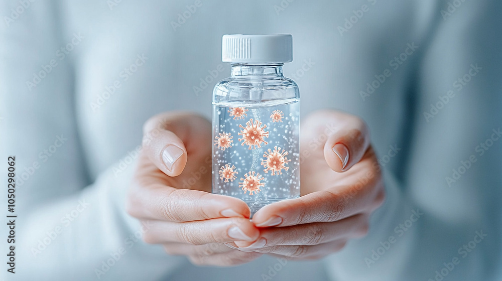 Hands holding a small bottle of hand sanitizer with virus symbols fading away, cleanliness for disease prevention
Hands holding a small bottle of hand sanitizer with virus symbols fading away, cleanliness for disease prevention