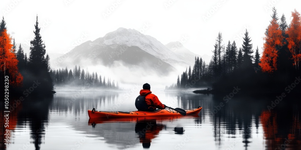 Man in an orange jacket kayaking on a teal lake, surrounded by autumn trees. Man in an orange jacket kayaking on a teal lake, surrounded by autumn trees.
