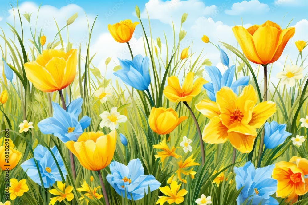Seamless 3d vector pattern featuring vibrant wildflowers and lush spring grass for design use Seamless 3d vector pattern featuring vibrant wildflowers and lush spring grass for design use
