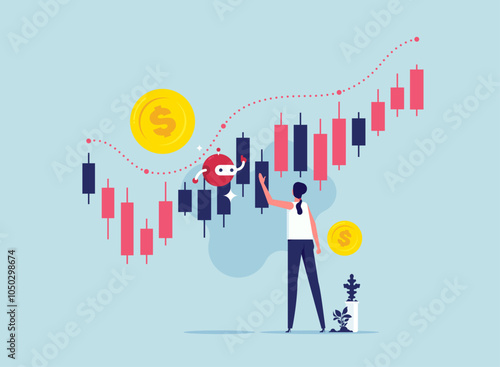 Artificial intelligence, robot trader. Trading bot analyze market data, financial exchange, earning profit. AI for automation trading on stock market. Digital currency market transactions