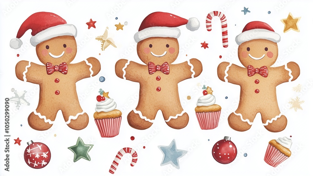 Fototapeta premium watercolors painting a set of four cheerful gingerbread cookies, cute character with a Santa hat, other Christmas-theme decorations. surrounded by Christmas ornaments with cupcakes, stars, candy cane
