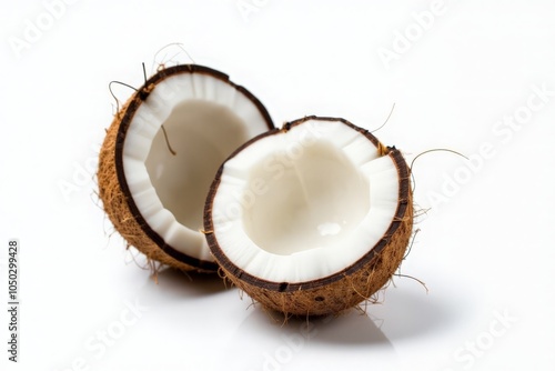 A halved coconut with white flesh and brown husk, isolated on a white background