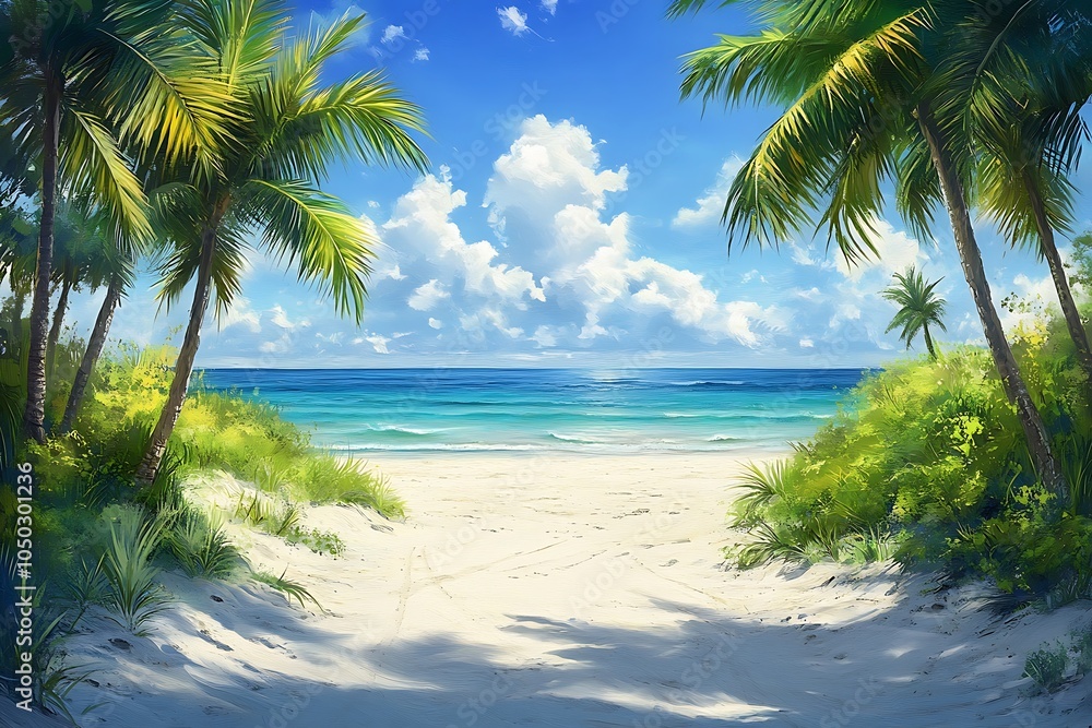 Obraz premium Palm Trees Frame Sandy Path to Tranquil Beach