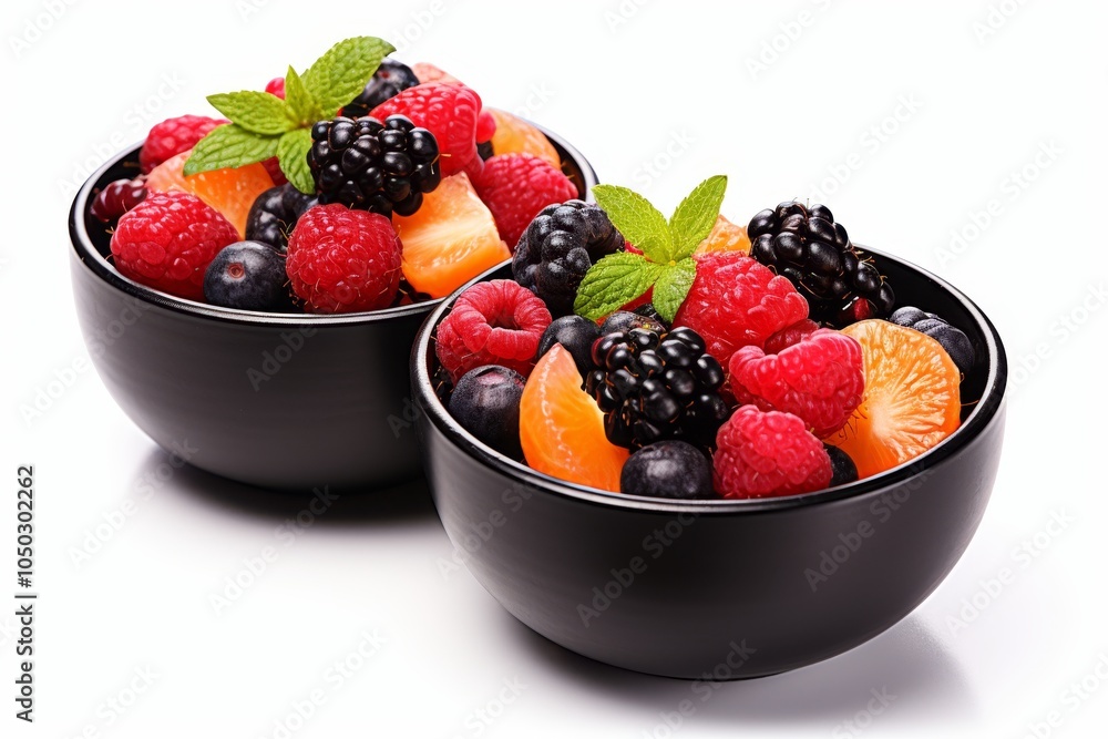 Set of two fruit salad bowls featuring an assortment of mixed berries and fresh fruits on white Set of two fruit salad bowls featuring an assortment of mixed berries and fresh fruits on white