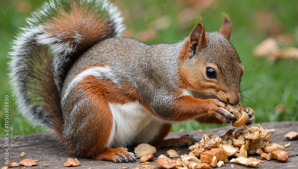 Fototapeta premium A cute squirrel eating a nut on a wooden surface in a park.